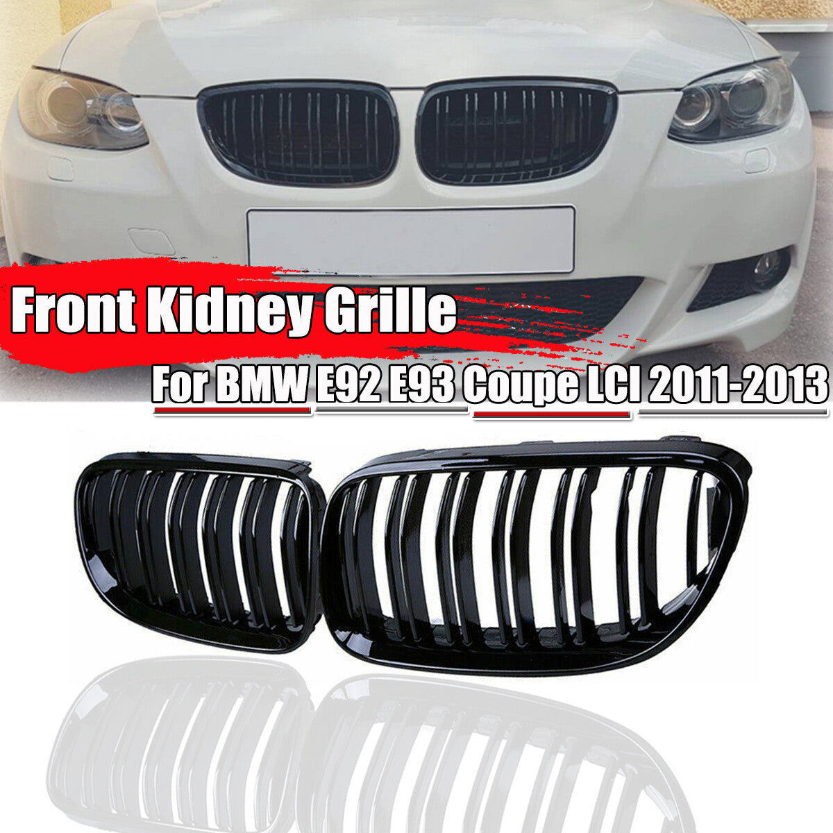 A pair of gloss black front kidney grilles are available on 2011-2013 for BMW E92, E93, 328i, 335i Coupe LCI.