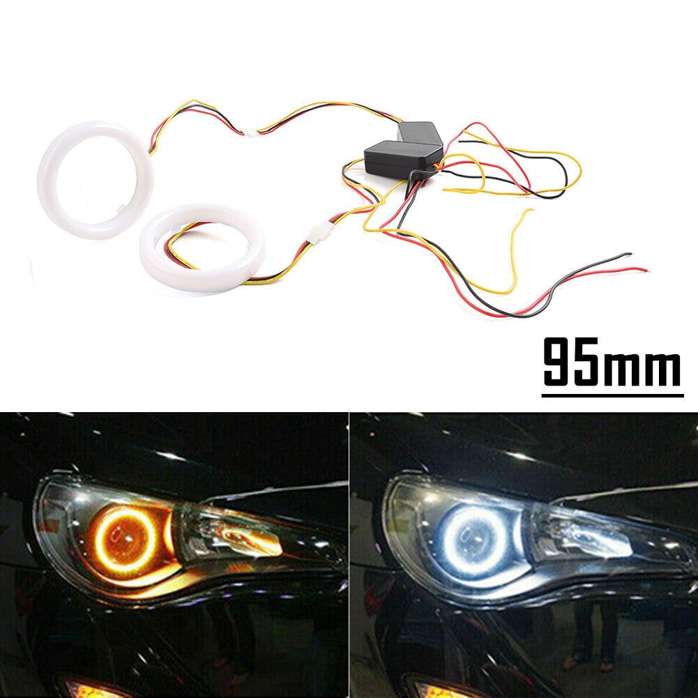 White Amber 95MM Switchback LED Angel Eyes Halo Rings Car Headlight Retrofit Car