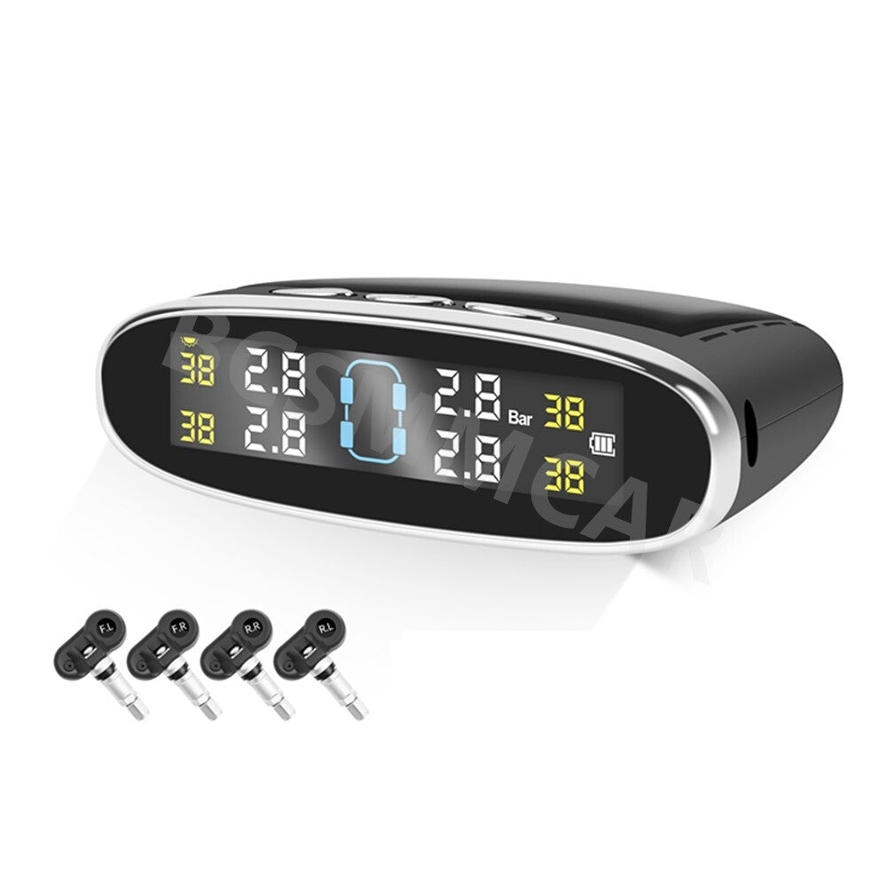 Wireless Solar TPMS LCD Car Tire Pressure Monitoring System W/4 Internal Sensors