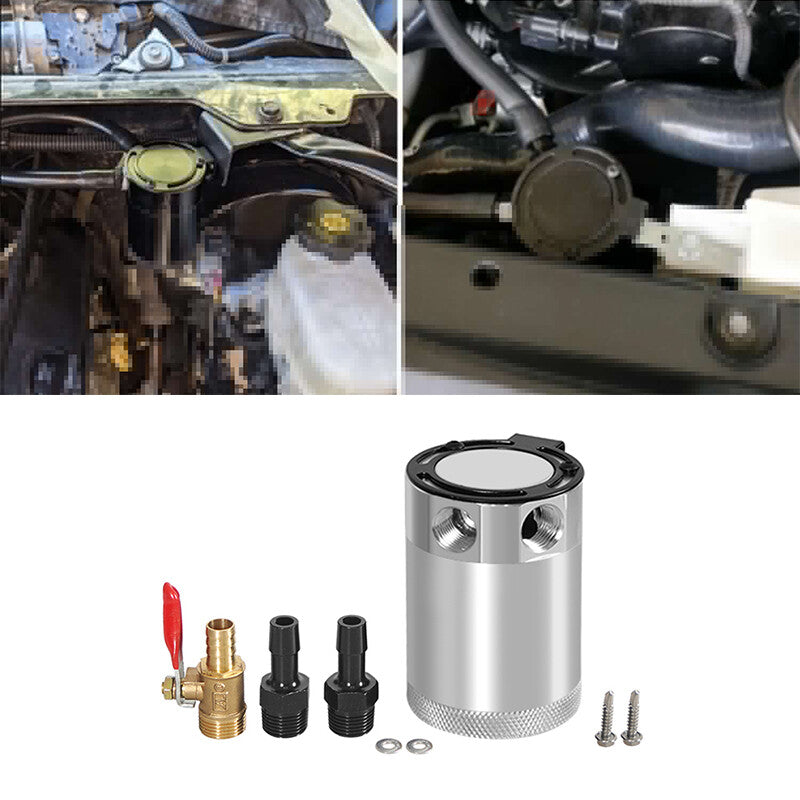 Universal Oil Catch Can Baffled 2Port Oil Catch Tank Reservoir Drain Valve Silve
