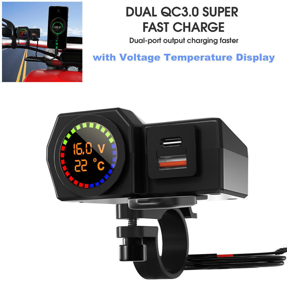 Motorcycle Dual USB Charger with Voltage and Temperature Display for 7/8 Inch Handlebar Mount - n