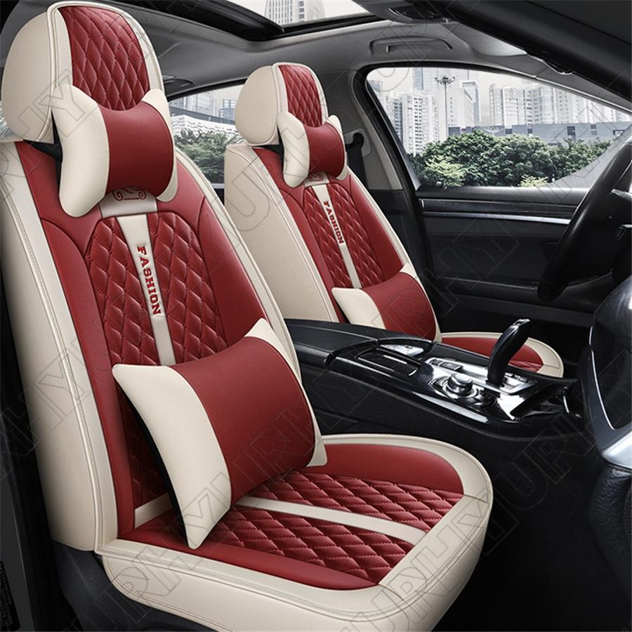 Universal Red  Beige Car for Seat Cover PU Leather Front Rear Cushion Pad Protector Q