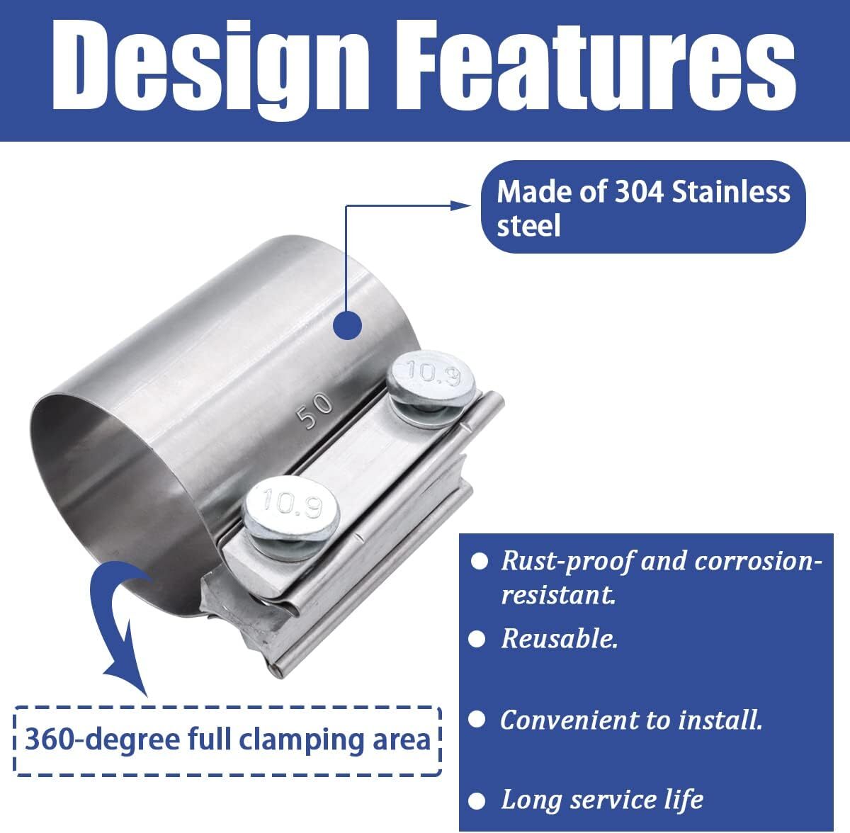 2-Pack 2-inch Butt Fittings Stainless Steel Clips with Exhaust/Muffler Clips and Hose ( )