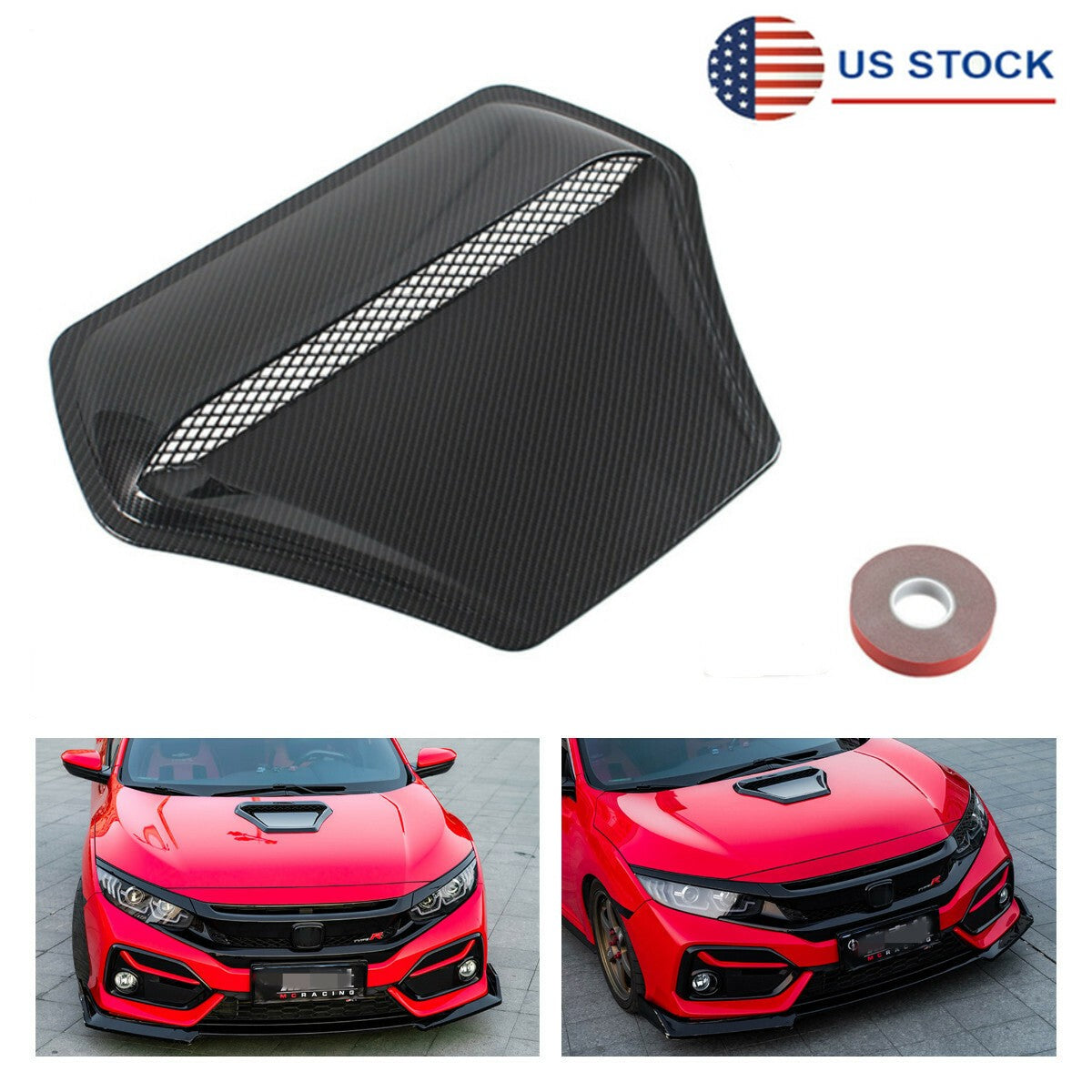 Glossy Carbon Fiber Car Front Air Flow Vent Cover Scoop Vent Bonnet Decor Cover Q