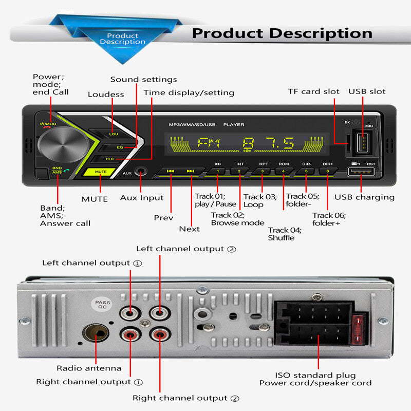 12V Car MP3 Player with Built-in Bluetooth Hands- FM Radio and Colorful Lights n