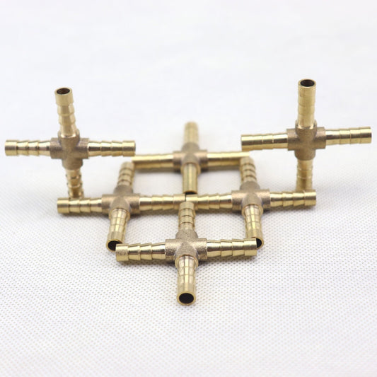 6PCS HOSE BARB 4 WAY Cross Brass Pipe Fitting Thread Gas Fuel Water Air1/4(6mm)