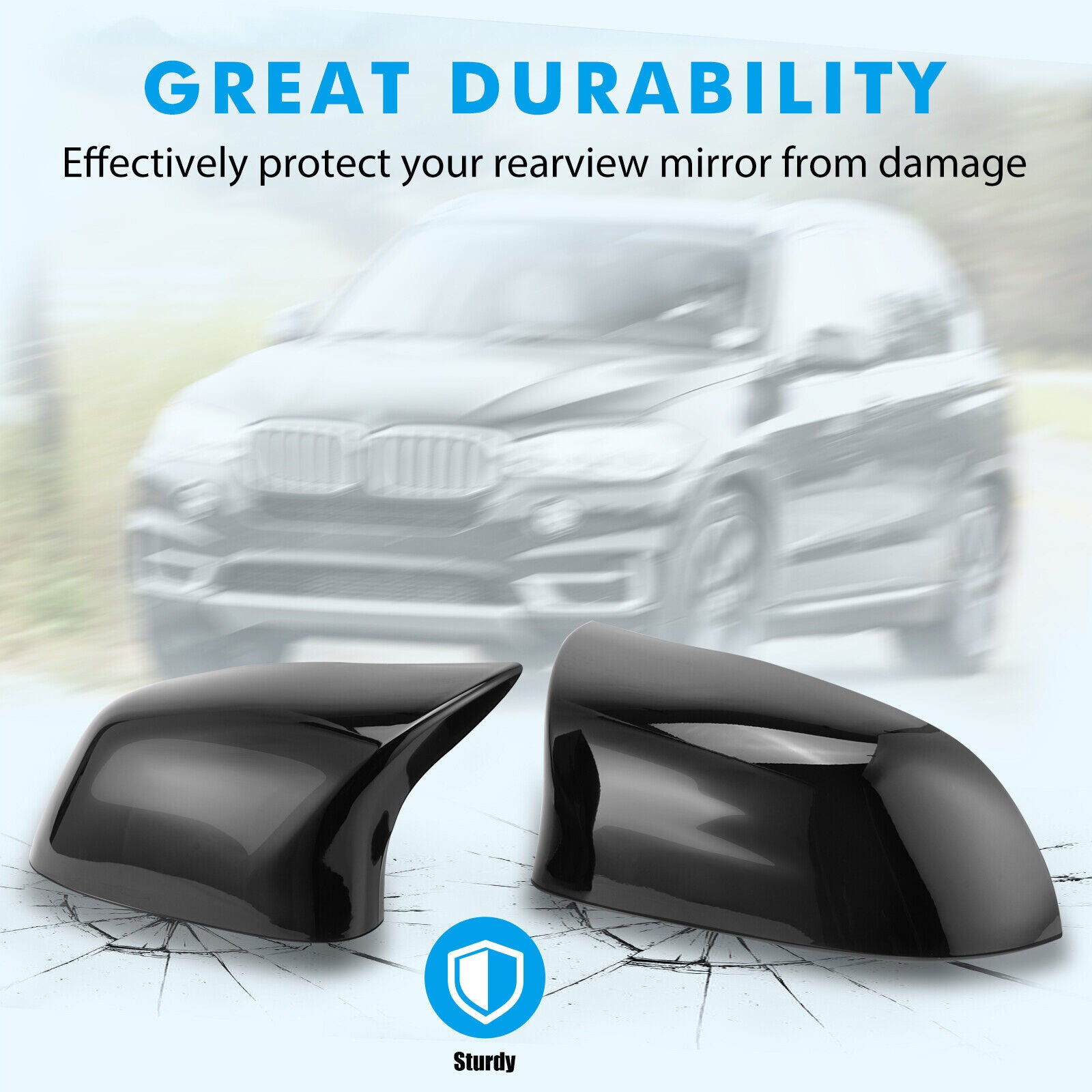 Two glossy black mirror-finish protective cases, Model M, suitable for BMW X5, F15, X6, F16, 28i, 35i. (2014-18)