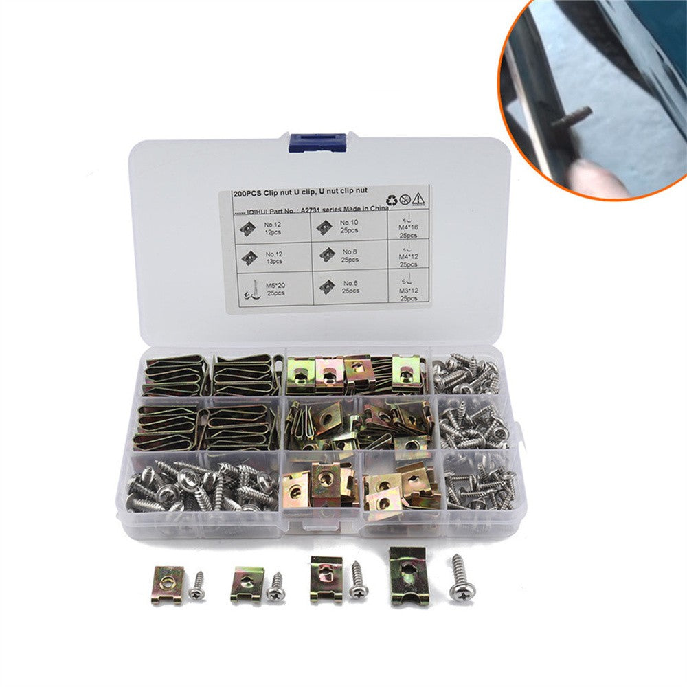 200Pcs U Type Nuts Car Door Panel Fastener Clips w/ Flange Self Tapping Screws