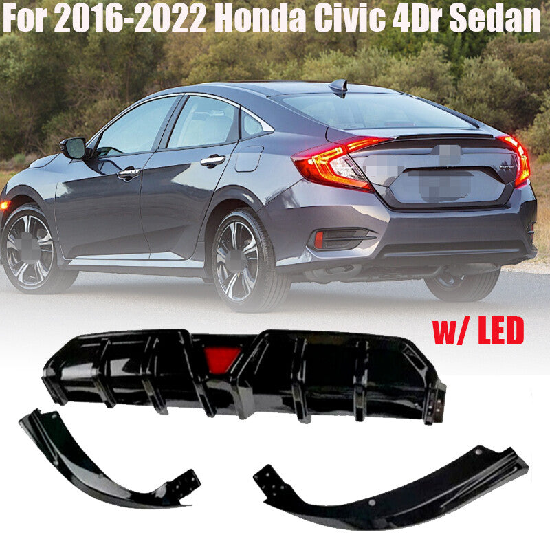For 2016-22 for Honda for Civic 4Dr Sedan w/ LED Rear Bumper Diffuser Lip Glossy Black n