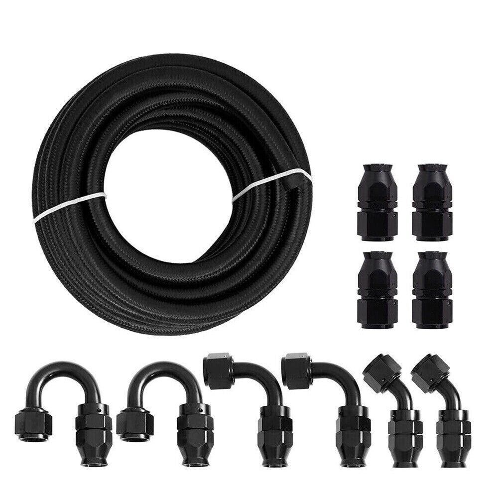 Black 8AN -8AN 10FT Nylon E85 PTFE Fuel Hose Line 10Pcs Adapter Fitting Hose Kit