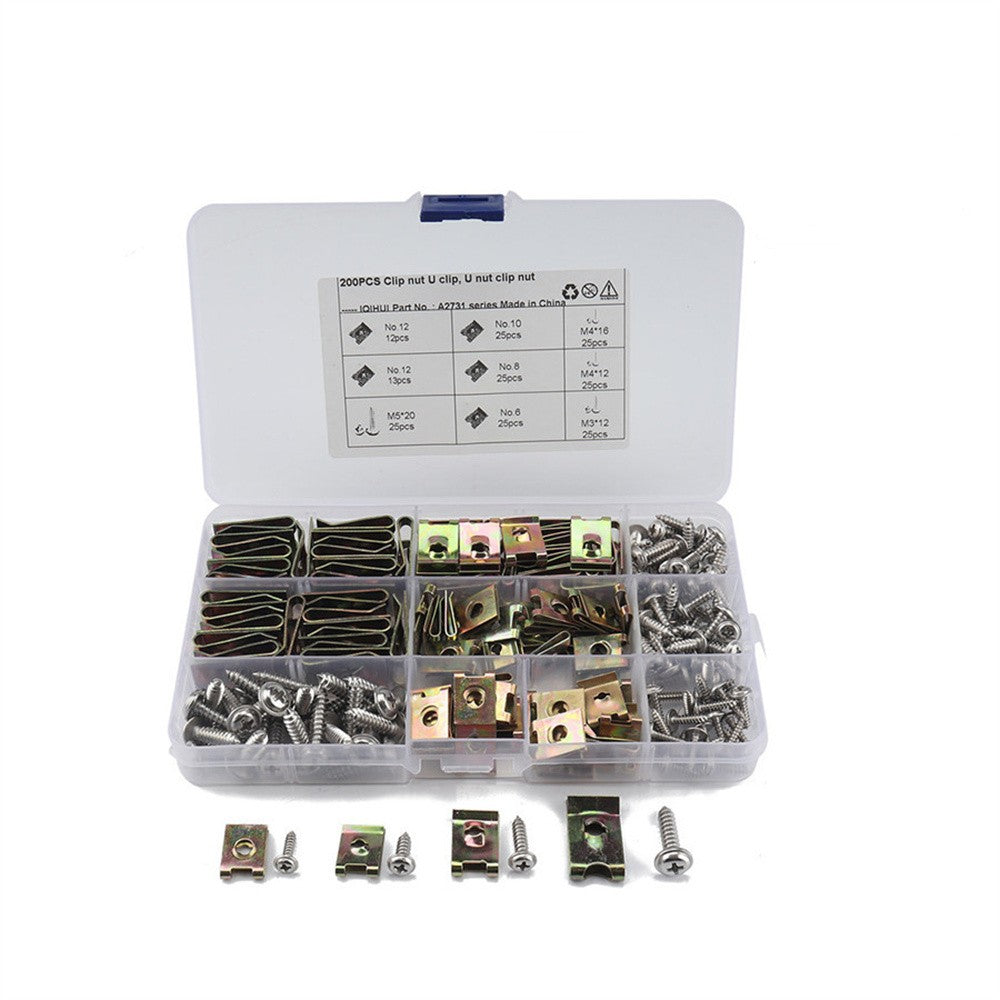 200Pcs U Type Nuts Car Door Panel Fastener Clips w/ Flange Self Tapping Screws