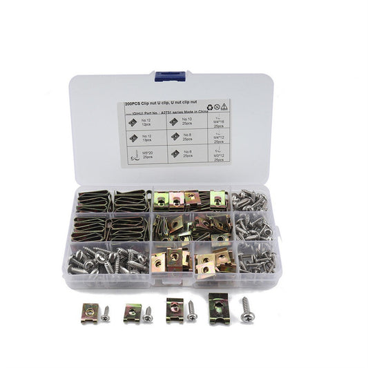 200Pcs U Type Nuts Car Door Panel Fastener Clips w/ Flange Self Tapping Screws