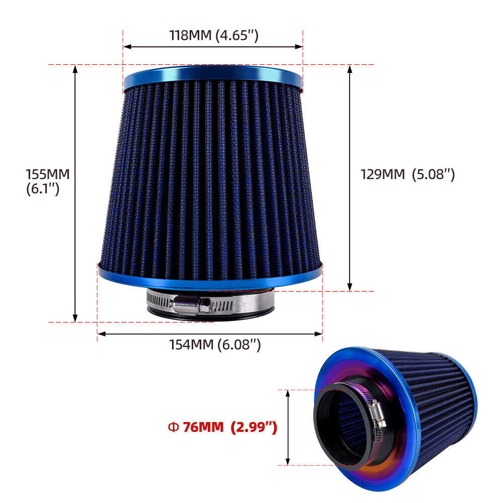 3 76mm High Flow Inlet Air Intake Cone Filter For Car/Truck/SUV Universal