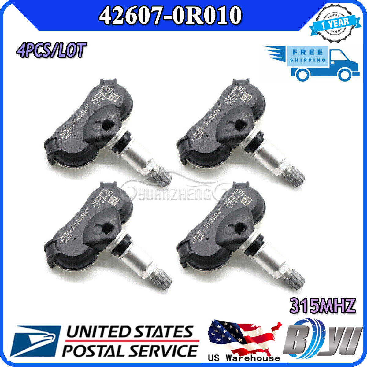 4-pack Tire Pressure Monitoring System (TPMS) sensors for Highlander RAV4 42607-0R010 US- v