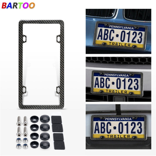 100% Real Black Carbon Fiber License Plate Frame Silm 4 Holes with Screws Caps Q