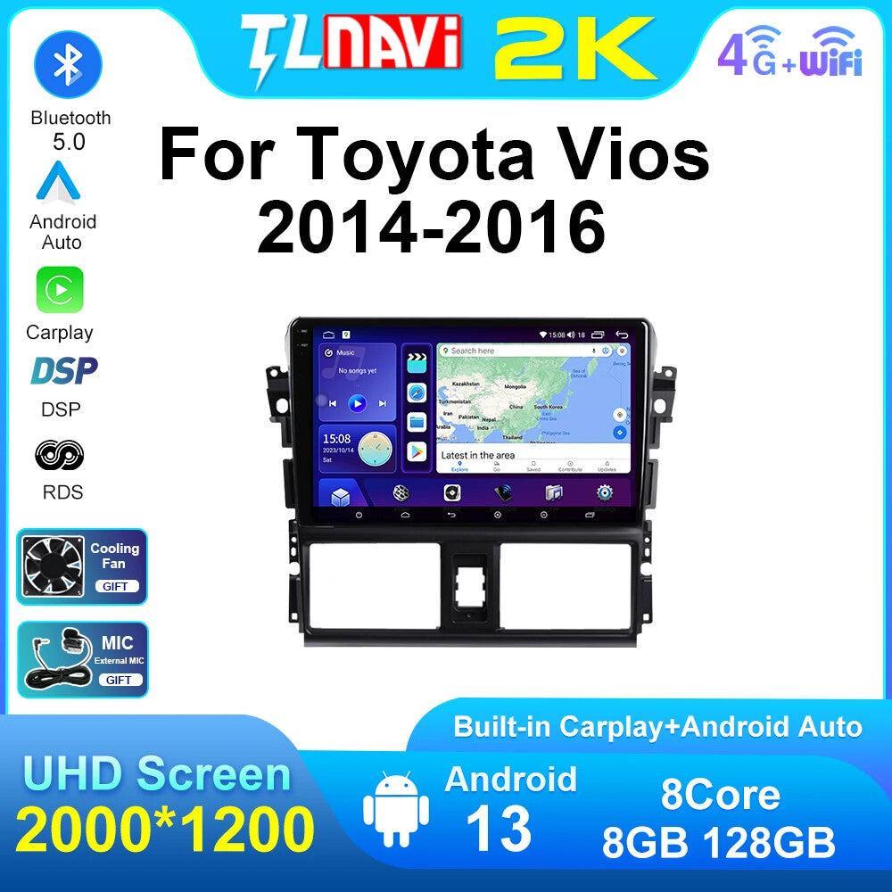 for Toyota Vios 2014-2016 Stereo Car Radio CarPlay Screen GPS Multimedia Player