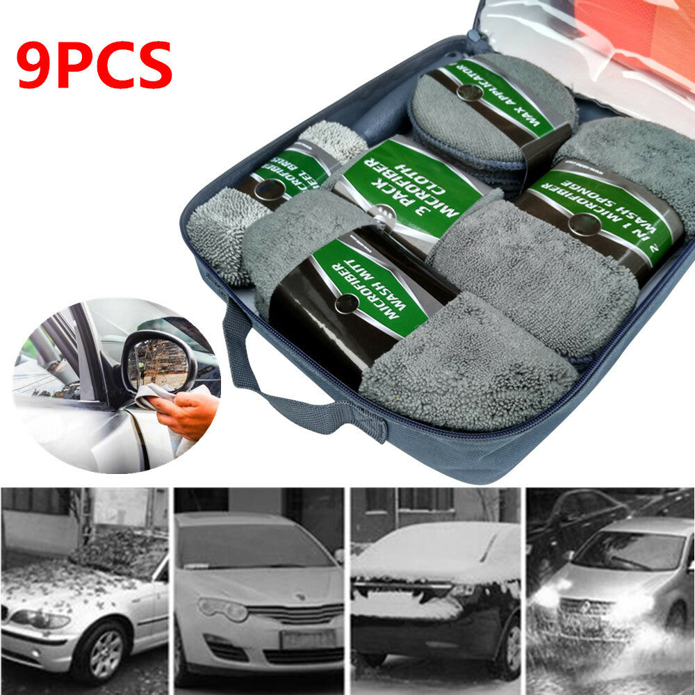 9-piece/set car wash, cleaning, and waxing kit - tire brush, sponge, towel, gloves n