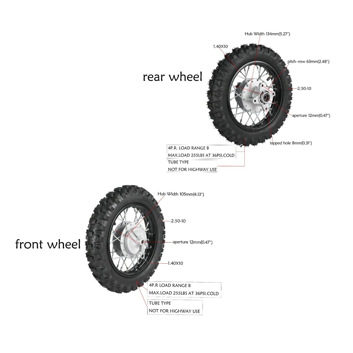 Front  Rear Wheel 2.50-10 Tyre Rim Drum Brake CRF50 TTR50 90cc 110cc Dirt Bike