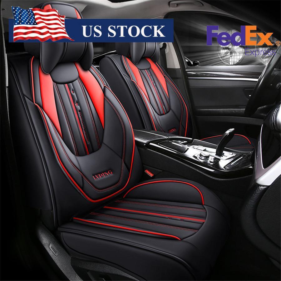 Black+Red PU Leather 5-Seats Car Front  Rear Cushion Set for Seat Cover w/ Headrest Q