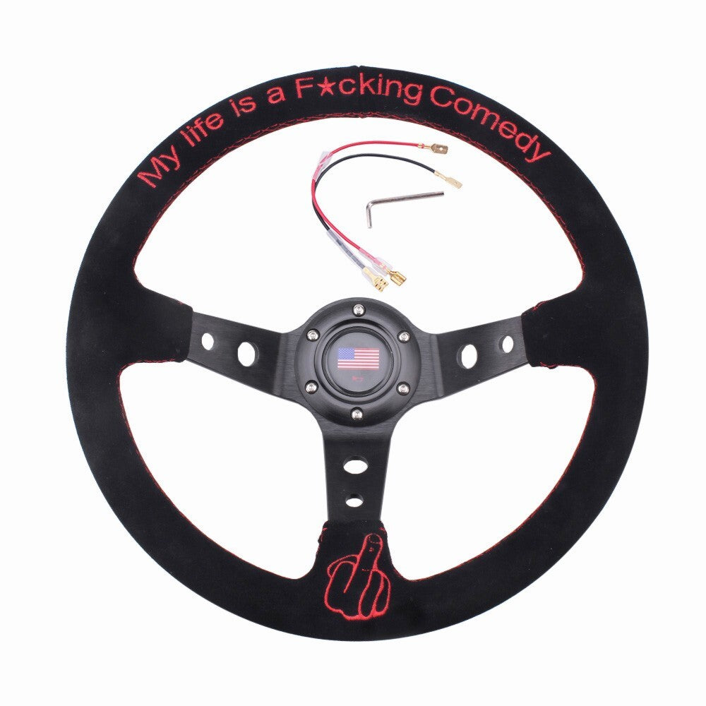 350mm/14 Suede Leather Grip Steering Wheel Hand 9.5cm Dish for Racing