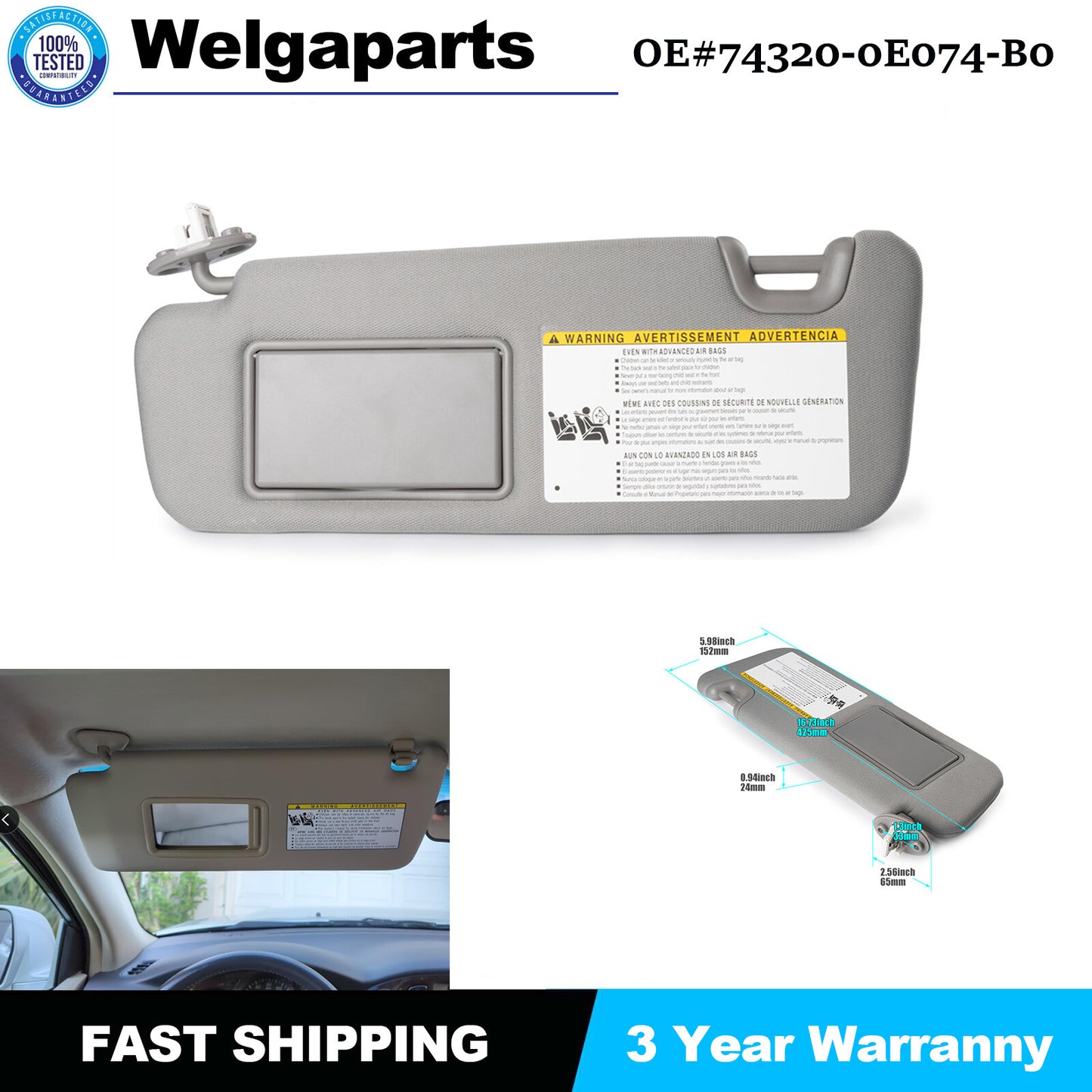 74320-0E074-B0b Left Side Sun Visor Gray for Toyota Highlander 2014-2019
