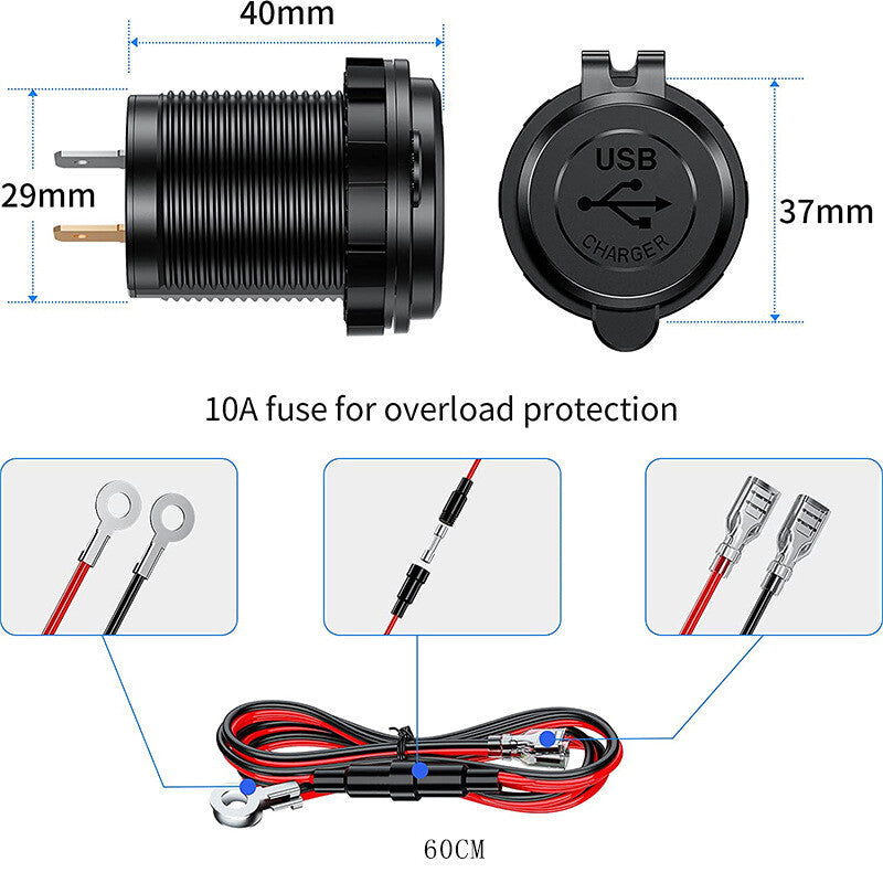 12V-24V QC3.0 USB Fast Charger Socket for Cars and Motorcycles - 1PCS n