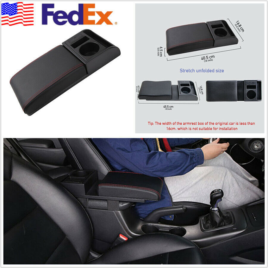 PU Leather Black+ Red Line Car Armrest w/ Cup Holder Soft Elbow Suppoty Cushion Q