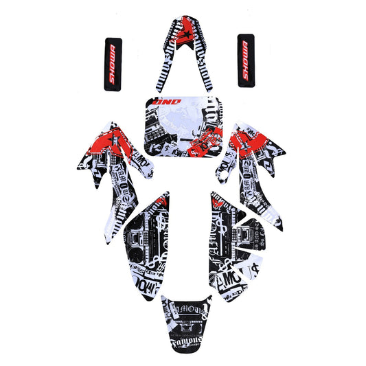 Decal graphics for 110cc and 125cc Trail Dirt bicycles and for Honda CRF50 motorcycles
