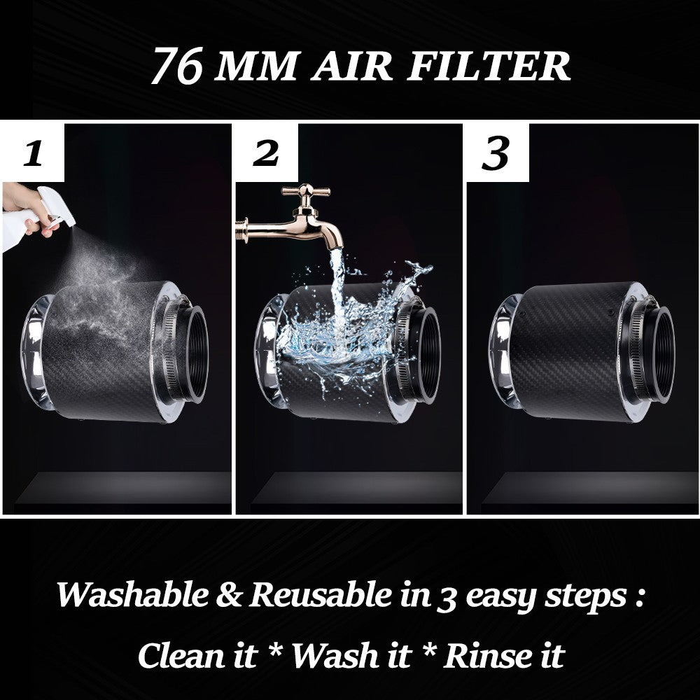 6 Tall 3 76mm Real Carbon Fiber Hi-Flow Air Filter Cold Air Intake Short for Ram Q