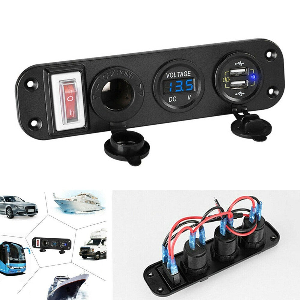 Car Dual USB Fast Charger Cigarette Lighter Blue LED Voltmeter Switch Panel New n