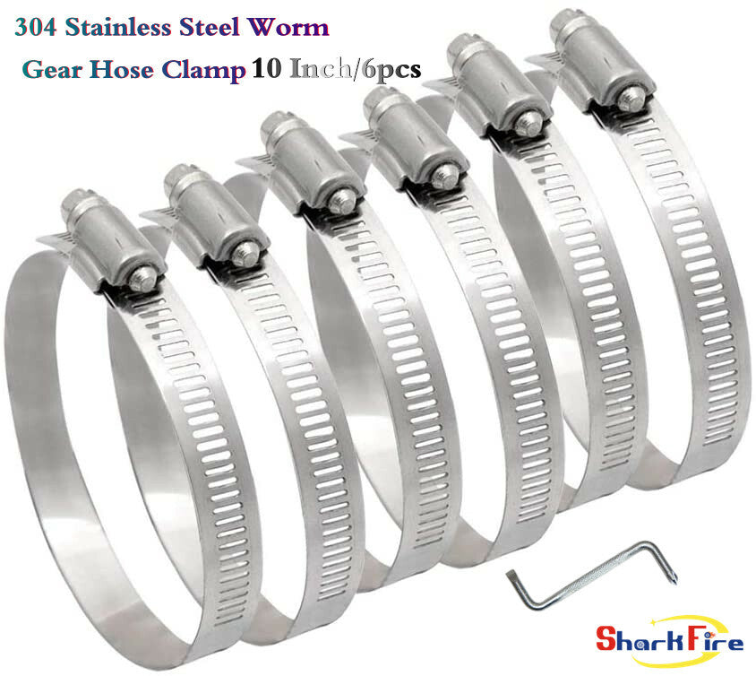 10-inch adjustable stainless steel hose clamp with worm gear drive.