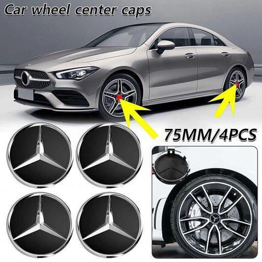 x 75mm dark black alloy wheel center caps, 75mm badges, wheel hub badges