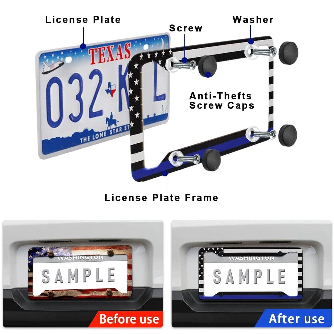 2. Suitable for parts, front and rear American flag patriotic car license plate frame covers - n