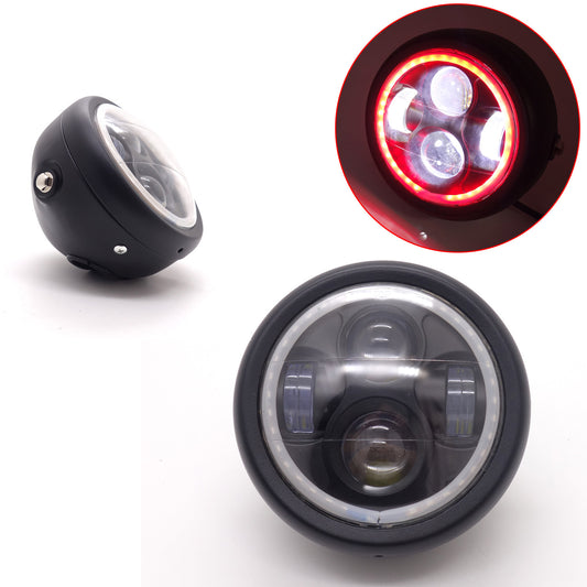 Motorcycle Black Metal Red Angel Eye LED Headlight for Harley Bobber Custom Q