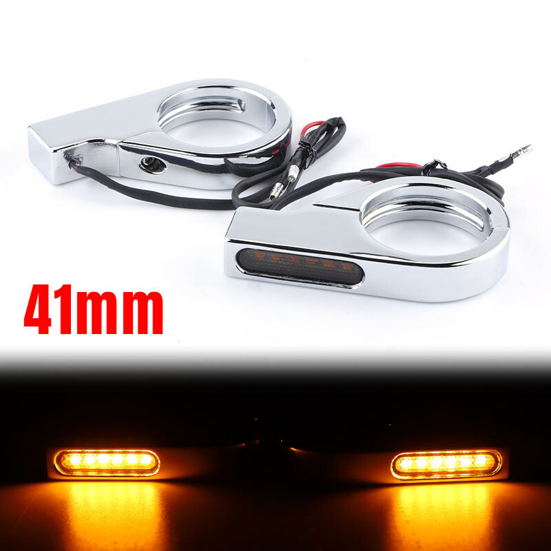 2X Chrome Motorcycle Front LED Turn Signal Light 41mm Fork Clamp Blinker Amber